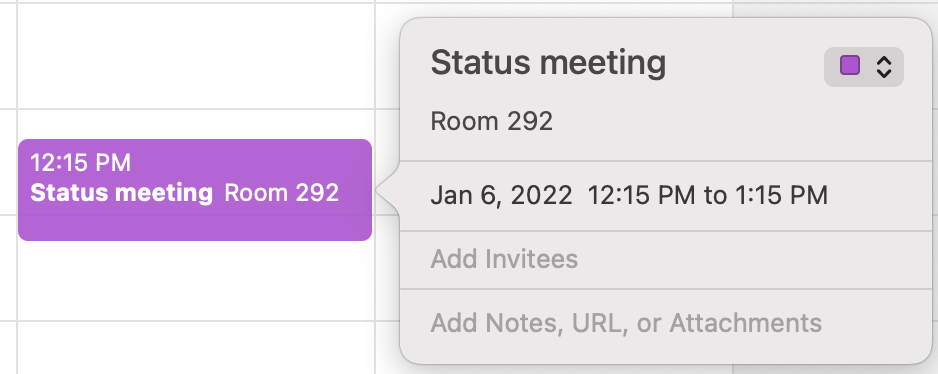 Apple Calendar event details example: Status meeting, Room 292, date, time