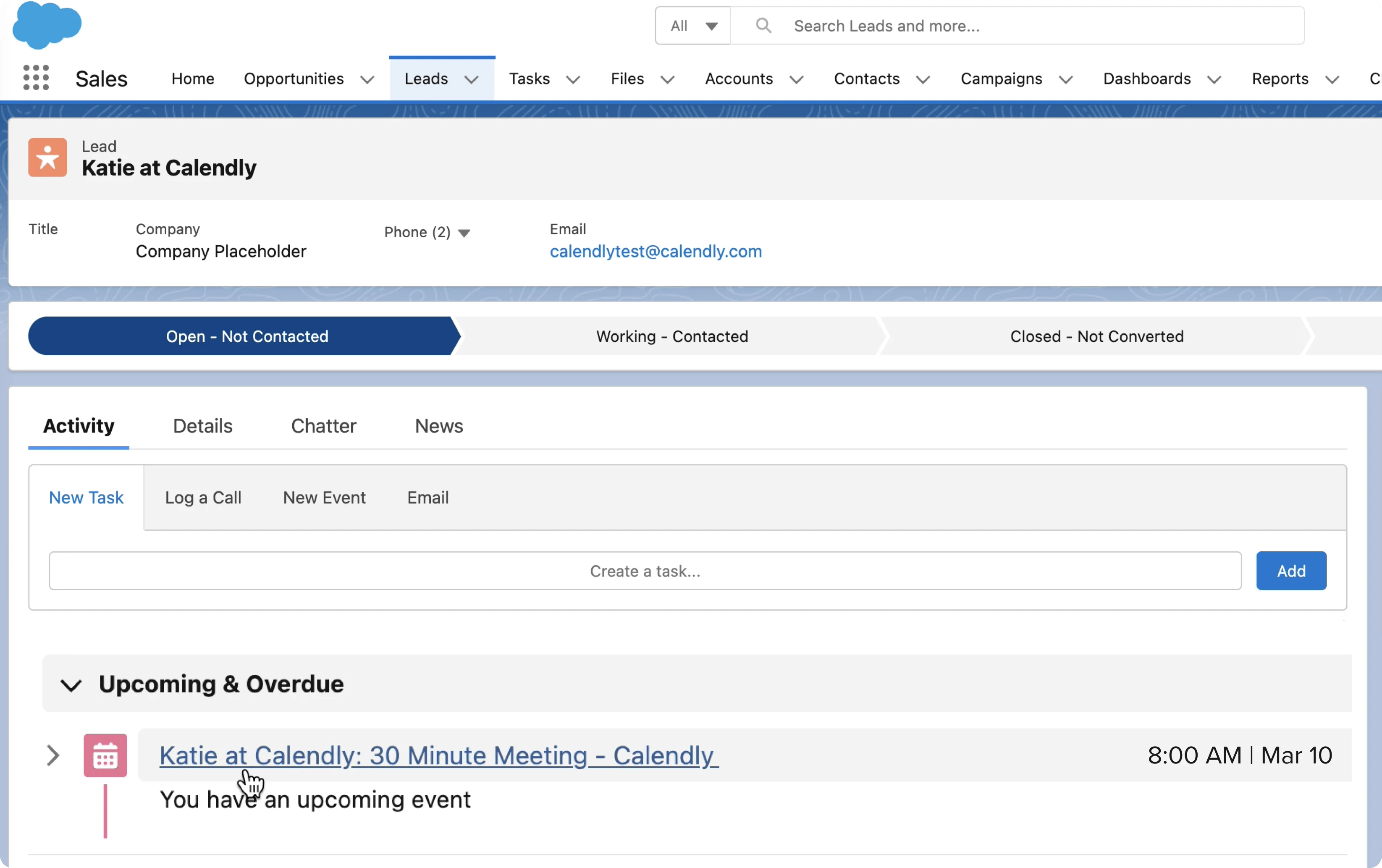 Screen image of Calendly meeting Event Type embedded in Salesforce activity record