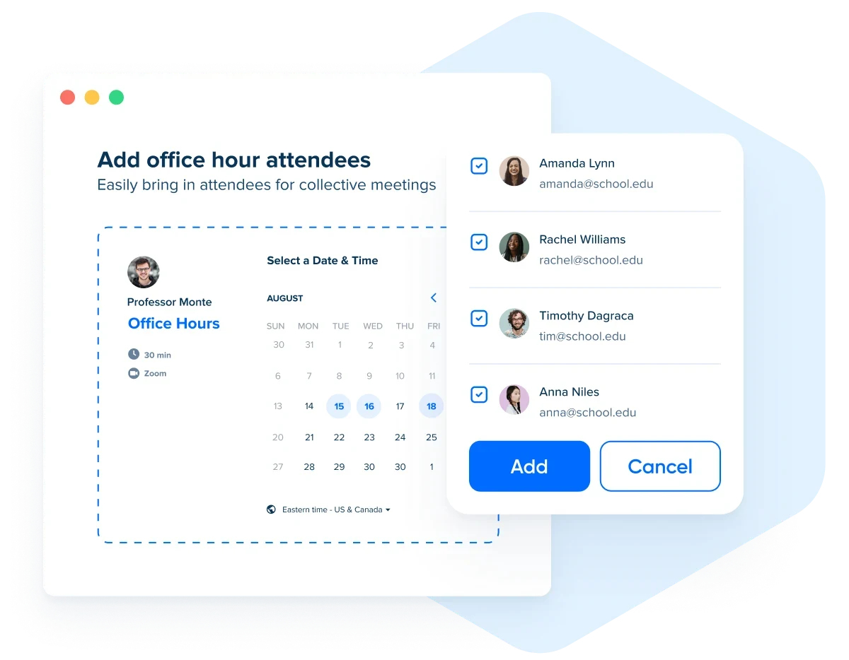 Stylized screenshot showing the booking page for an Office Hours Event in Calendly, where multiple students can sign up for the same time slot.