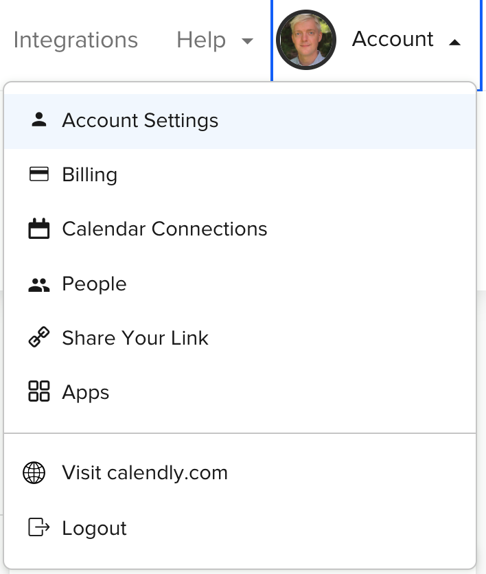 Screenshot of Calendly account drop-down menu showing where to find Account Settings option