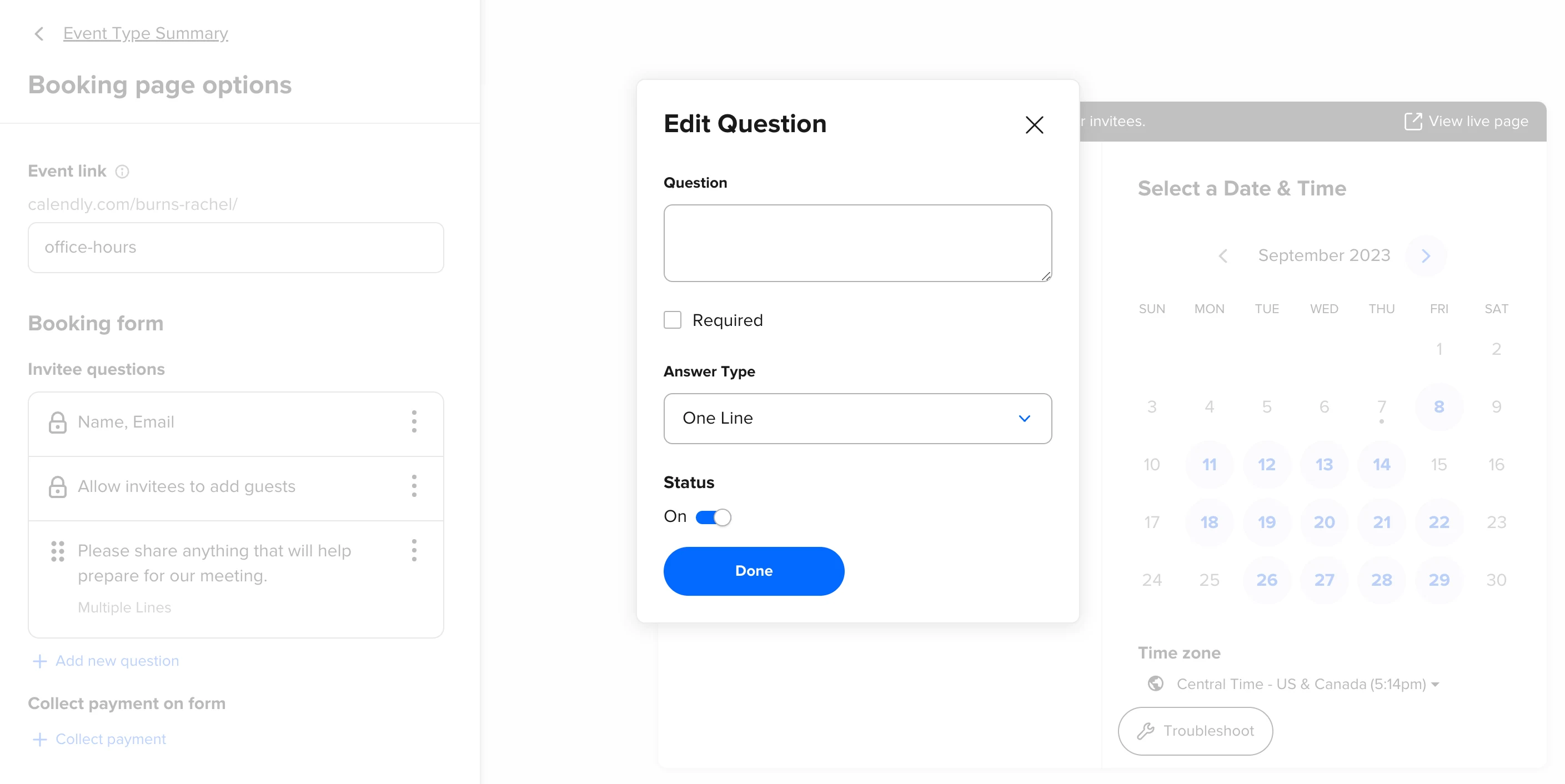 Screenshot of the Calendly Event Type editor, showing adding a new question to a booking page in the "Booking page options" section. 