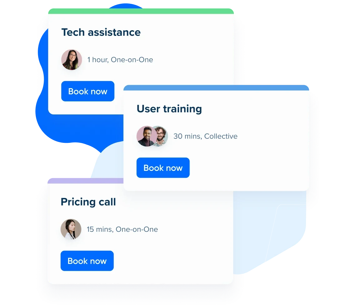 Stylized screenshot showing three Event Types ("Tech assistance", "User training", and "Pricing call") with "Book now" buttons.