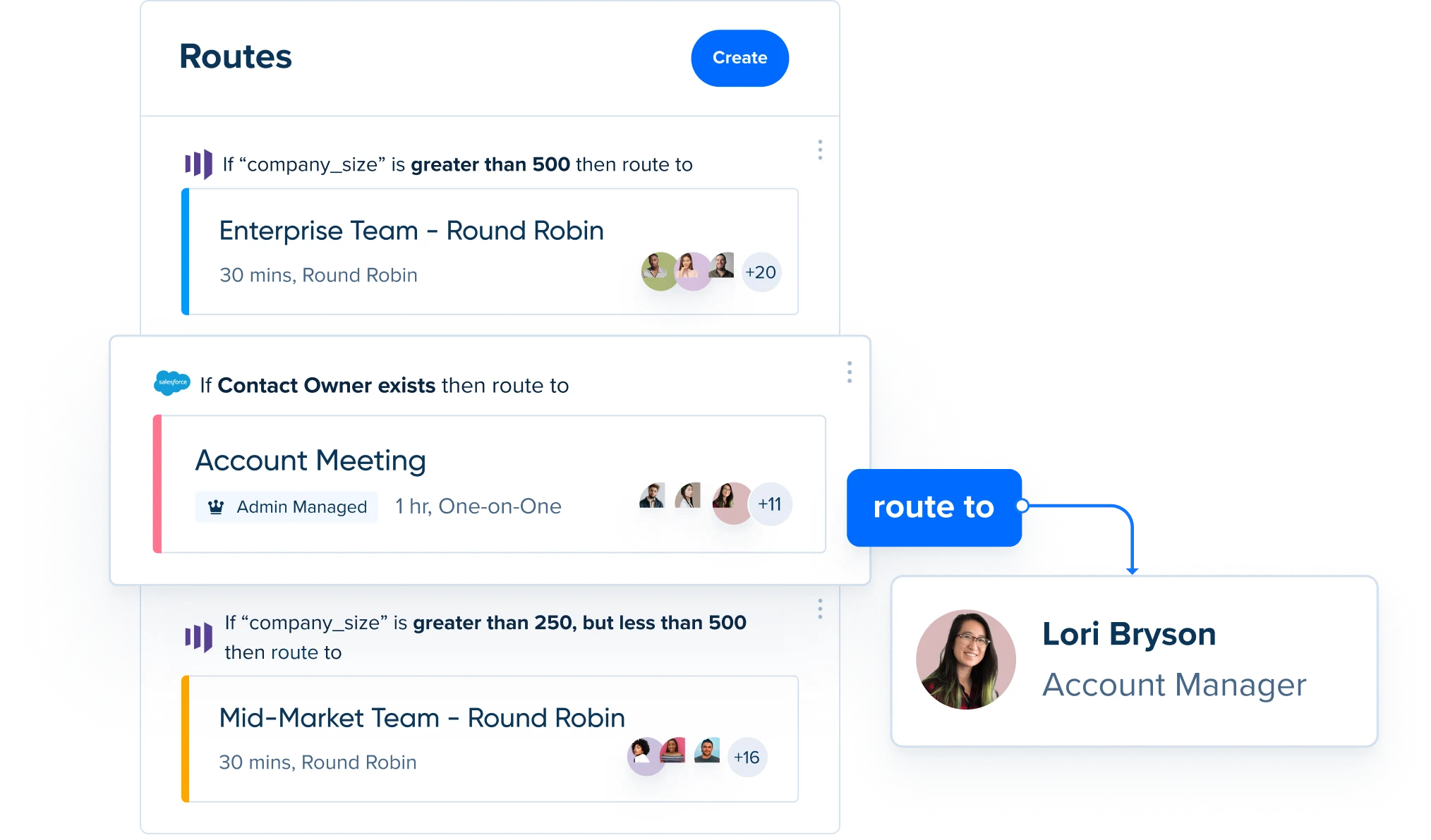 Stylized screenshot showing how Calendly Routing uses form responses to match known leads with their account owner.