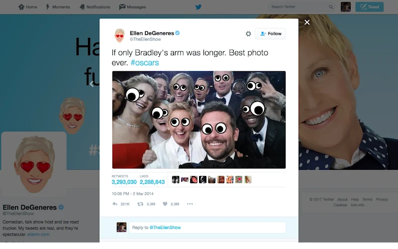 Photo tweet from the Oscars of Ellen Degeneres, Brad Pitt, Jennifer Lawrence, Bradley Cooper, and other celebrities, all with googly eyes, made possible by the Googlifier web extension.