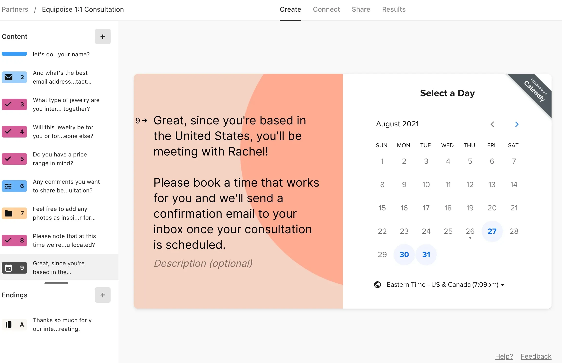 Screenshot of the Typeform form builder with a Calendly booking page embedded into one of the form steps.