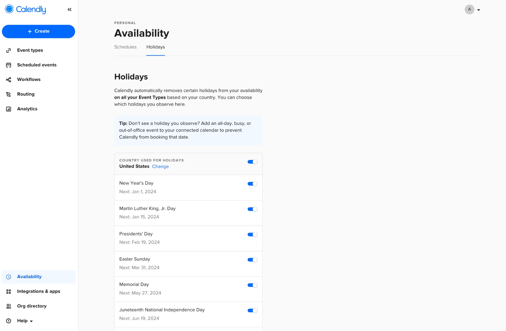 Screenshot of the Holidays tab in Calendly availability settings.