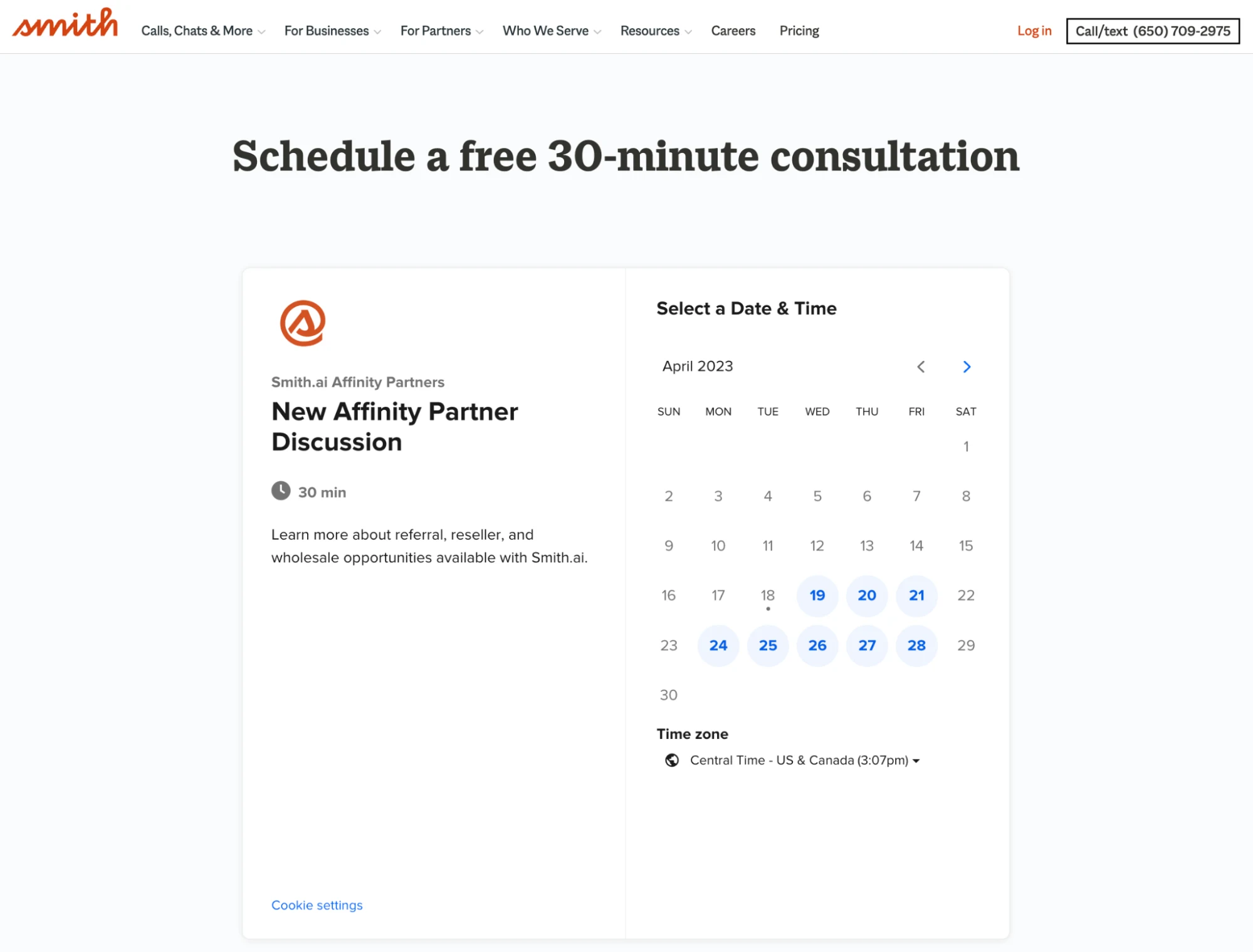 Screenshot of "Schedule a free 30-minute consultation" page on the Smith.ai website. A Calendly booking page for a "Smith.ai Consultation" event with the "Smith.ai Sales Team" is embedded on the page.