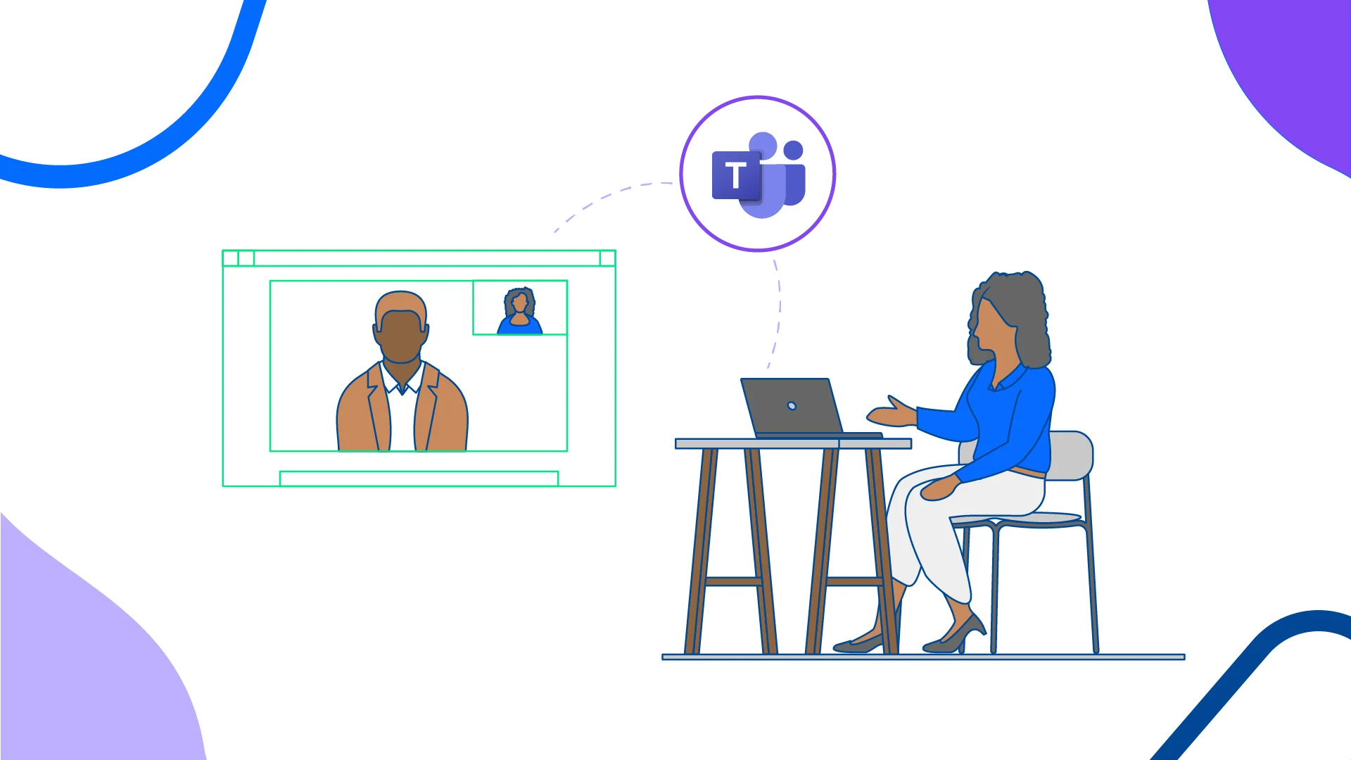 Illustration of a recruiter interviewing a job candidate virtually using Microsoft Teams. 