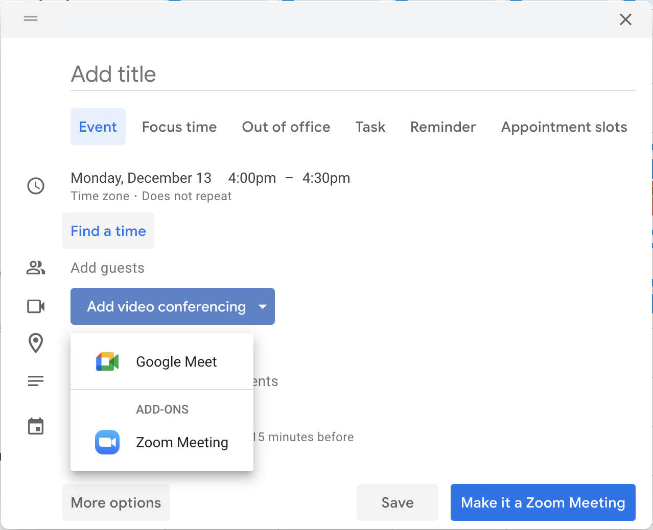 A sidebar in Google Calendar connects you with add-ons