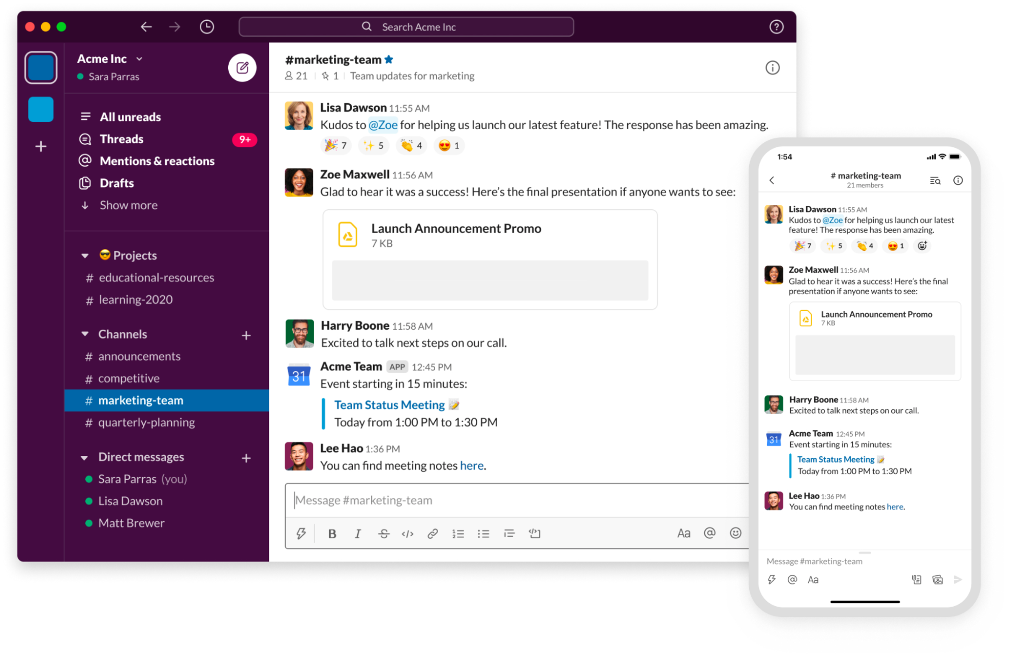 Screenshots of the Slack instance for Acme Inc, including sidebar sections for Projects, Channels, and Direct messages. The channel shown is called #marketing-team. The screenshots show both desktop and mobile versions of Slack.