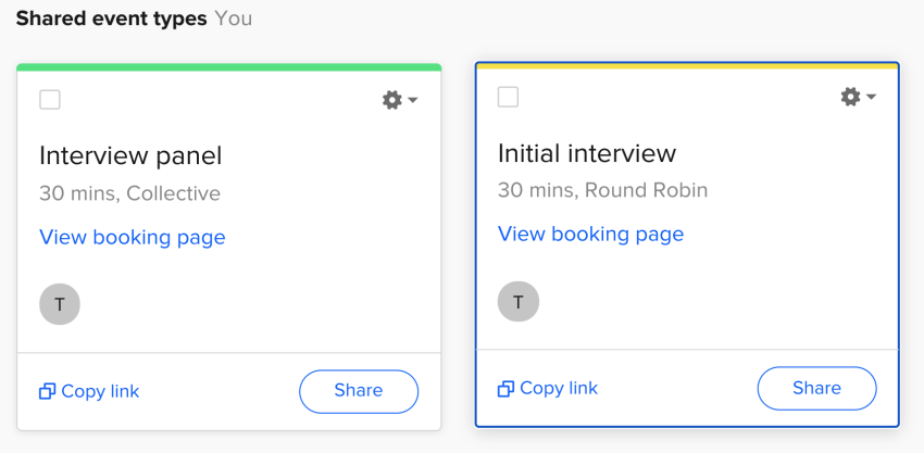 Examples of different interview Event Types created with Calendly