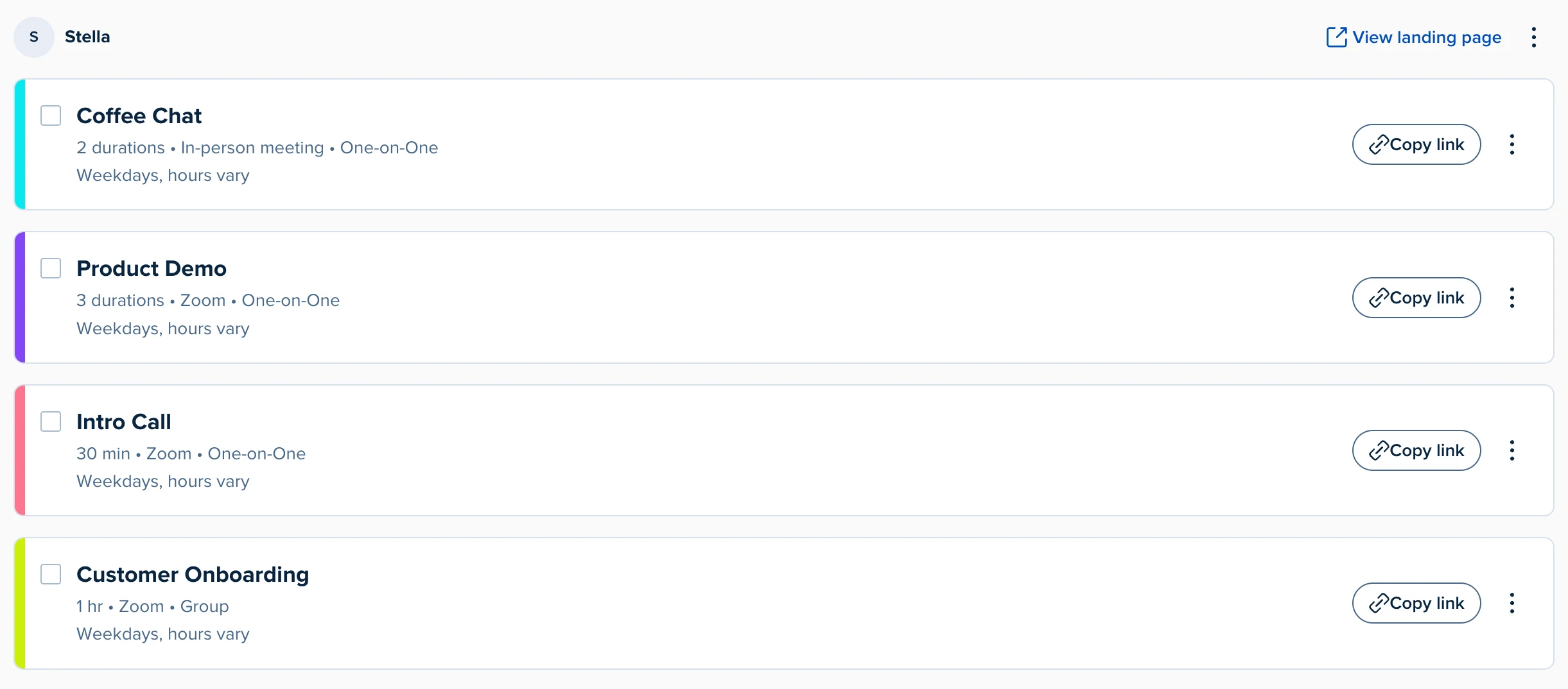 Screenshot of Event Types on the Scheduling page in the Calendly app. Each Event Type has a Copy link option.