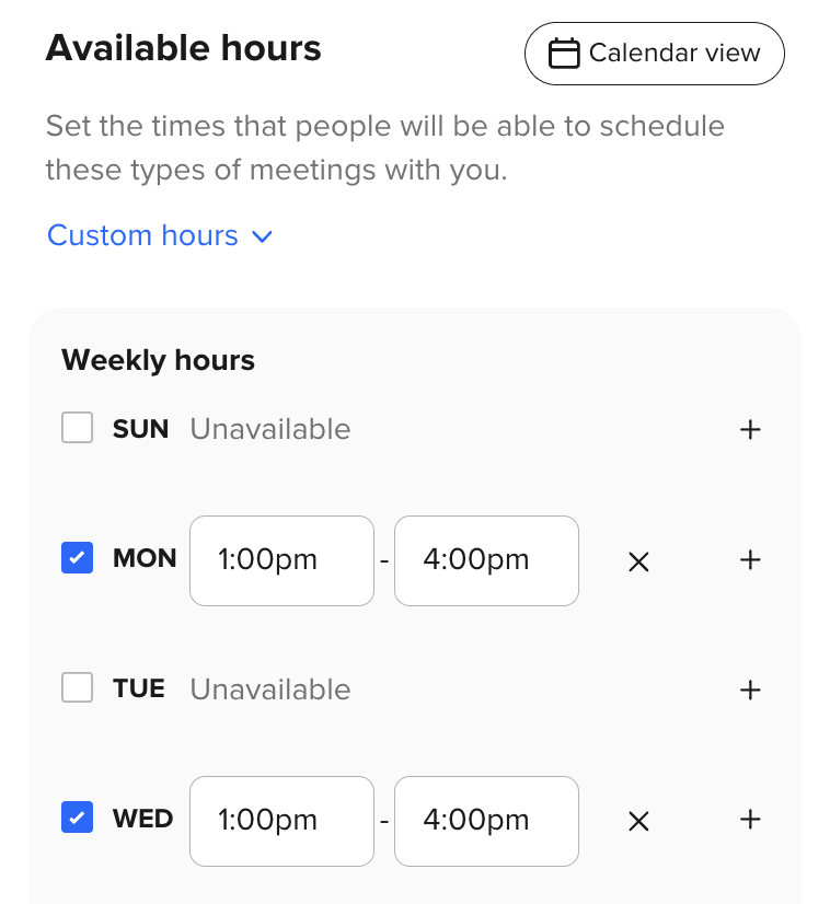 Screenshot of setting custom hours under "Available hours" in the Calendly Event Type editor.
