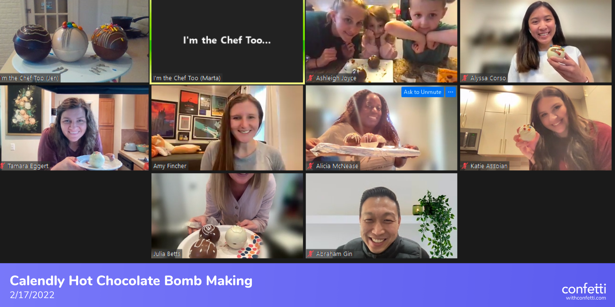 Screenshot of new employees making hot chocolate bombs during an onboarding team-building activity Screenshot of new employees making hot chocolate bombs during an onboarding team-building activity