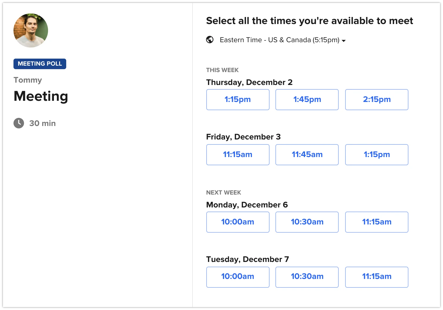 Calendly Meeting Polls selection screen