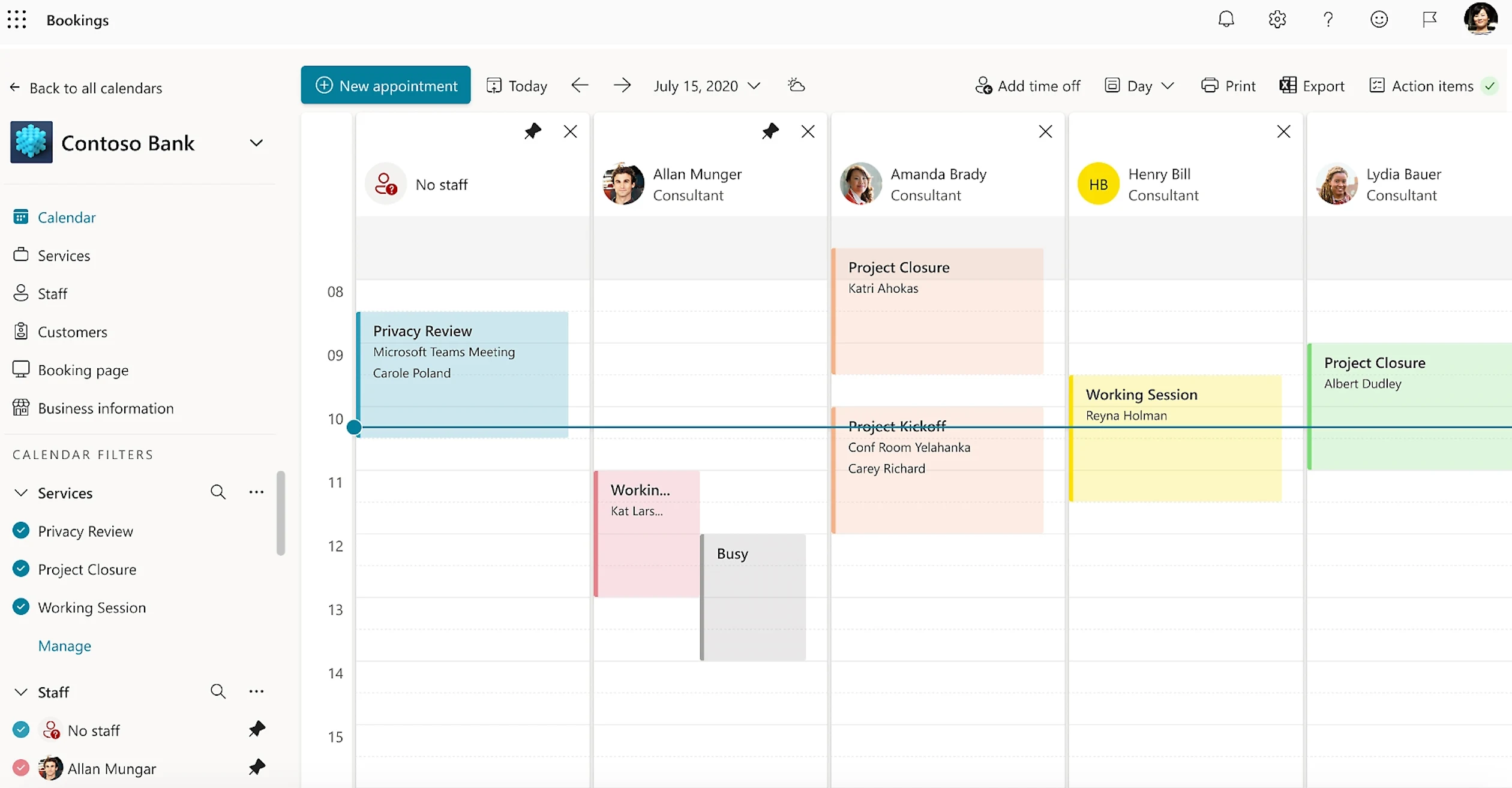 Screenshot showing openings and blocked time on several team member's calendars in Microsoft Bookings.