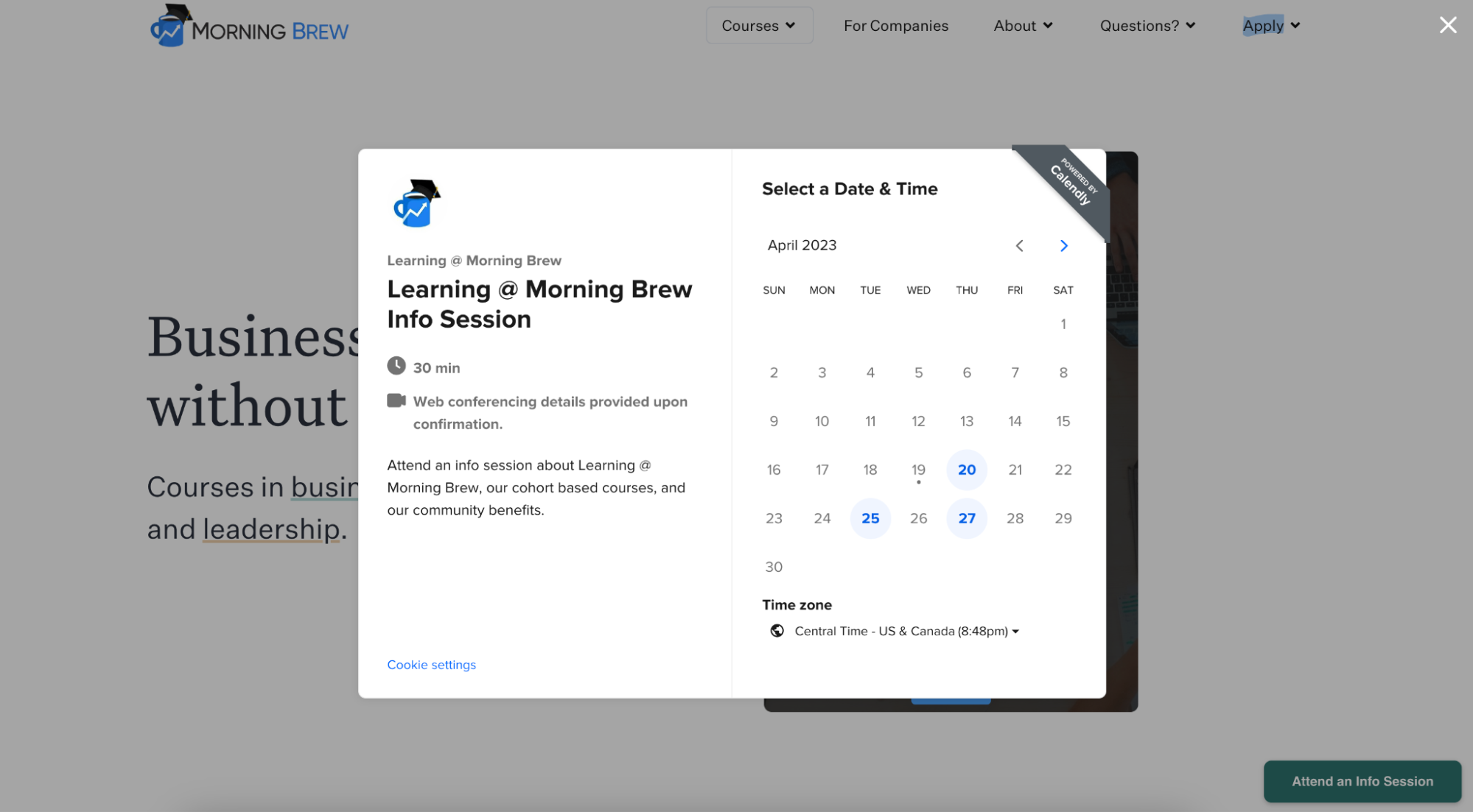 Screenshot of the Morning Brew website. There is a button that says "Attend an Info Session" in the lower right-hand corner. A pop-up shows the Calendly booking page for a "Learning @ Morning Brew Info Session" event.