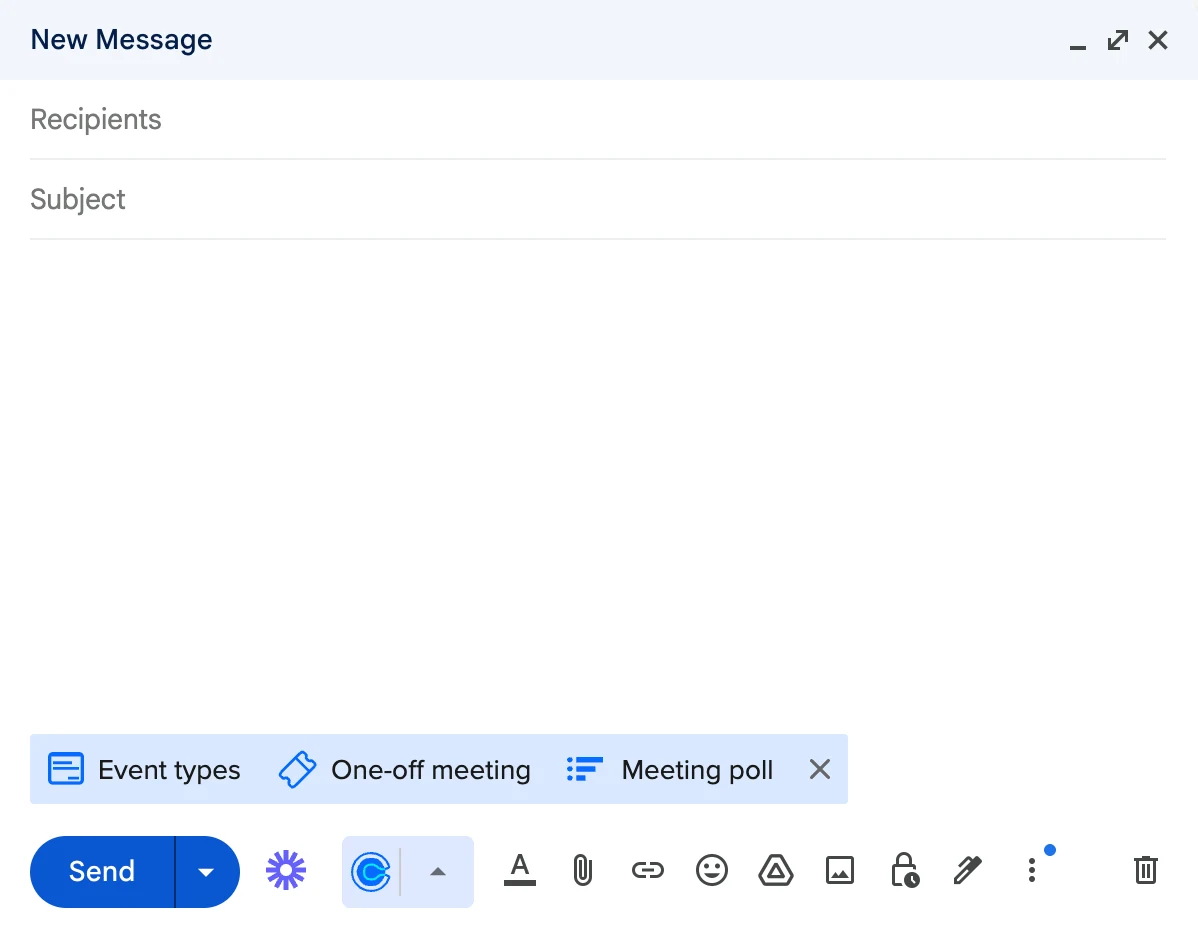 Screenshot of the Gmail composer with the Calendly icon selected in the toolbar. There are buttons for Event types, One-off meeting, and Meeting poll.
