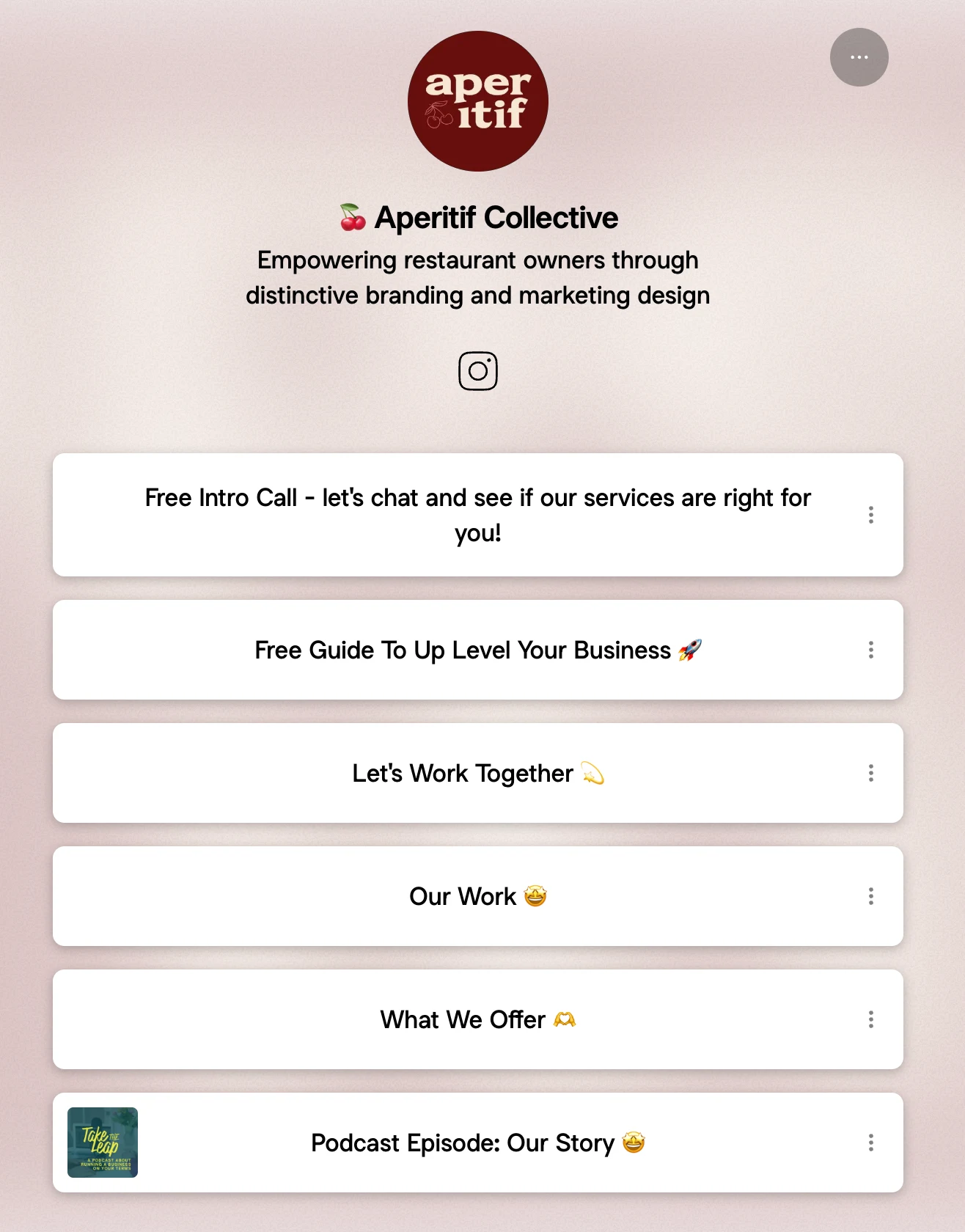 Screenshot of Aperitif Collectives' Linktree. Links include a free intro call, free guide, Let's Work Together, Our Work, What We Offer, and a podcast episode.