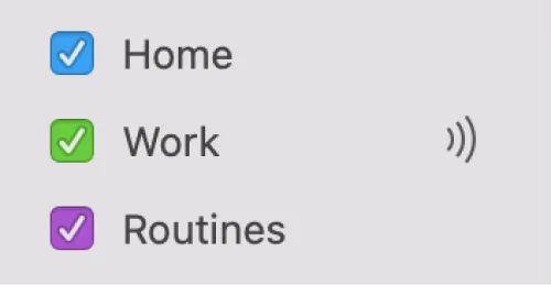 Broadcast icon next to "Work" in a list of "Home," "Work," and "Routines" calendars