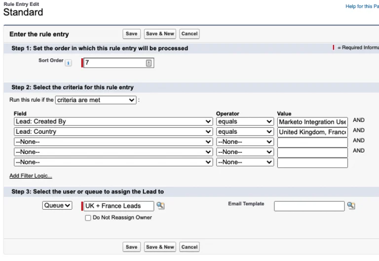 Screenshot of the Rule Entry Edit screen in Salesforce. The criteria fields include Lead: Created By equals and Lead: Country equals United Kingdom, France. The selected queue is UK + France Leads.