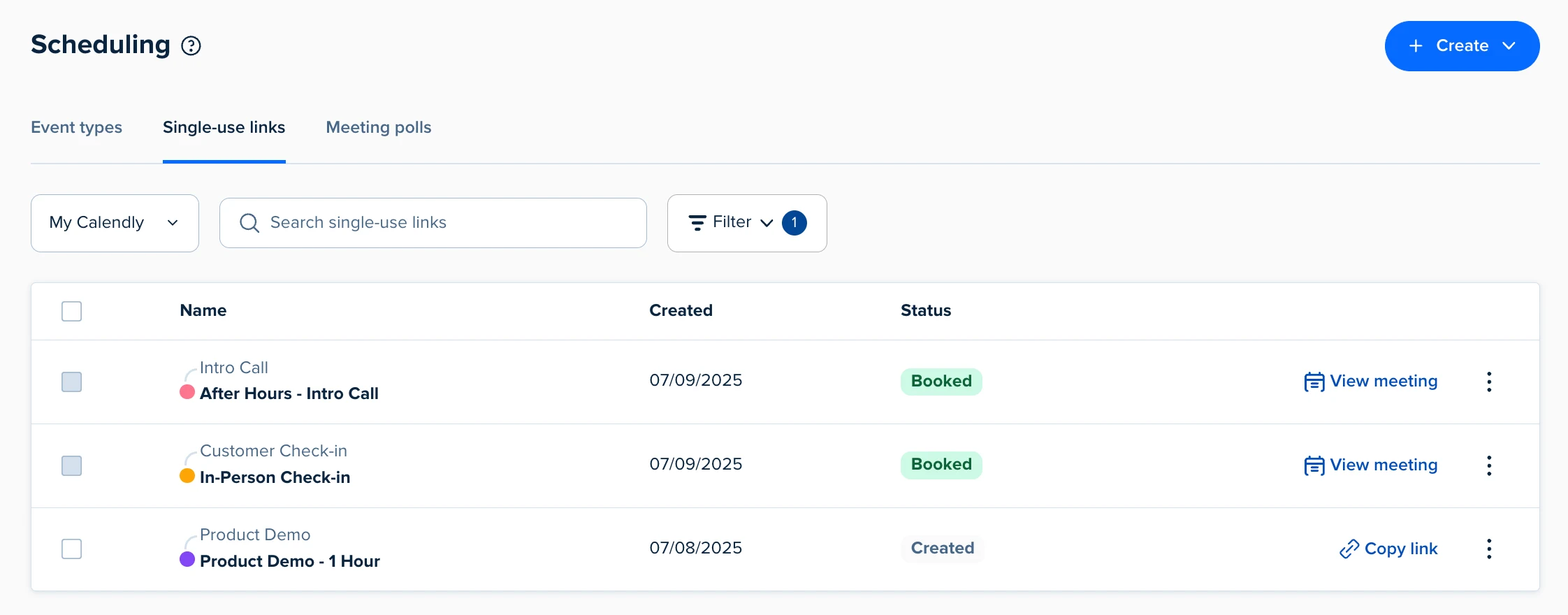 Screenshot of the Single-use links tab on the Calendly scheduling page. The tab shows all of the single-use links the user has created, the date created, and whether the link has been used to book a meeting.