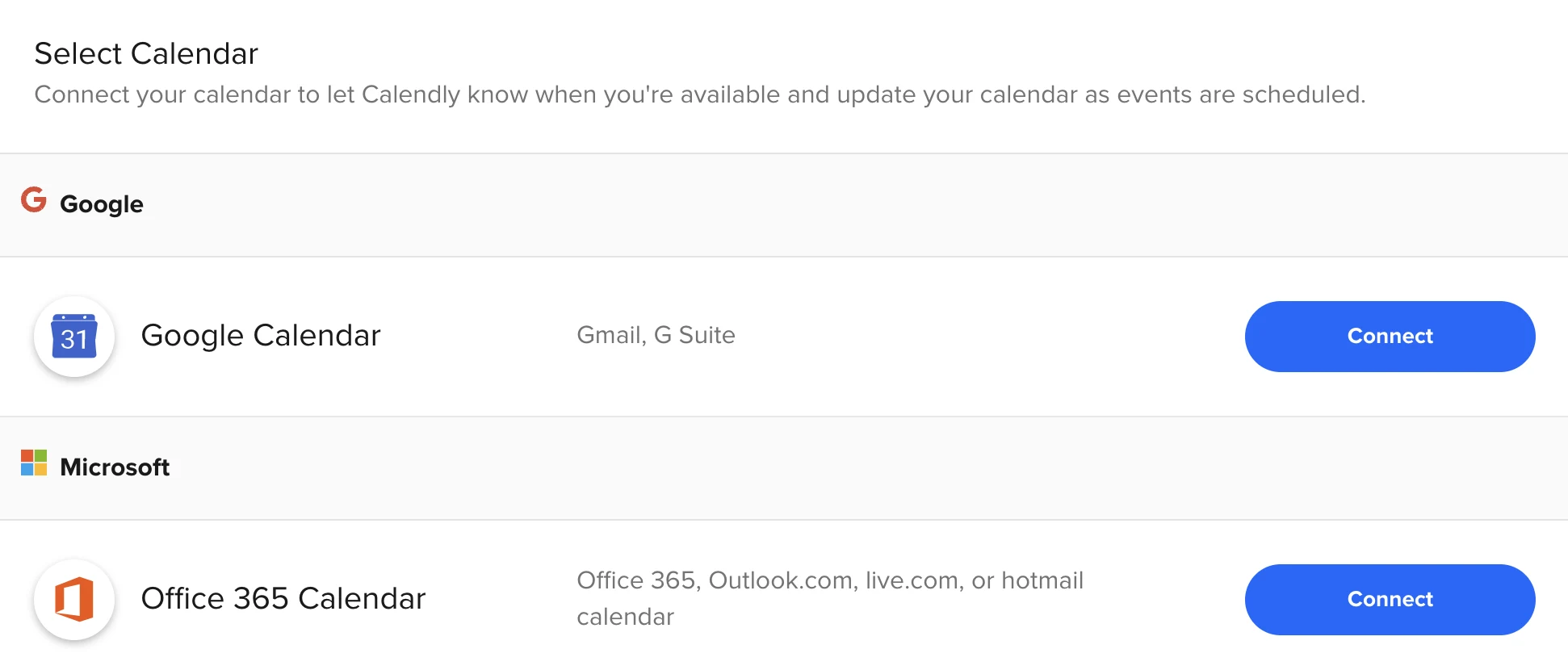 Screenshot of the Calendar Connections page in the Calendly app with the option to connect a Google Calendar and Office 365 Calendar