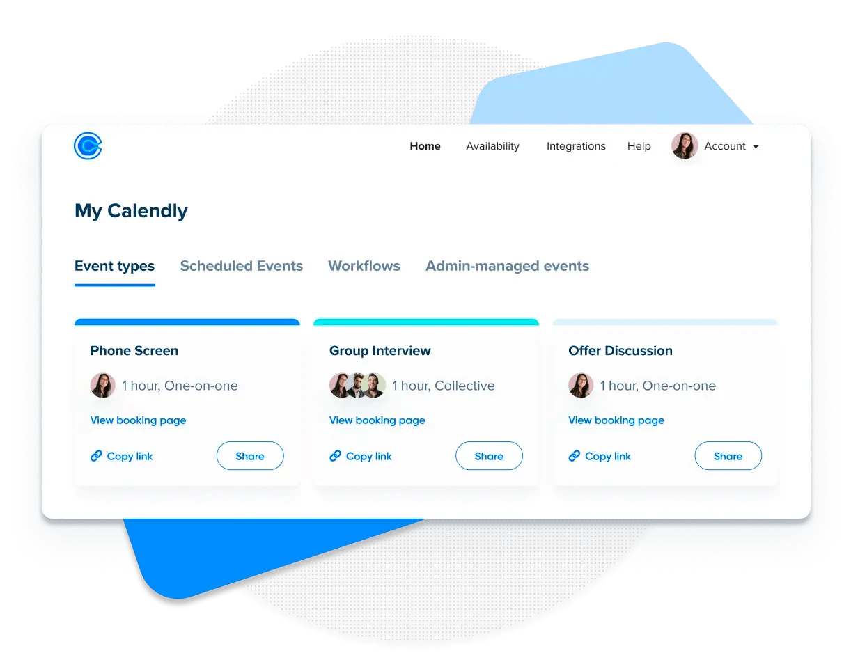 Screenshot showing how recruiters use Calendly to schedule phone screens, group interviews, job offers, and other 1:1 appointments.