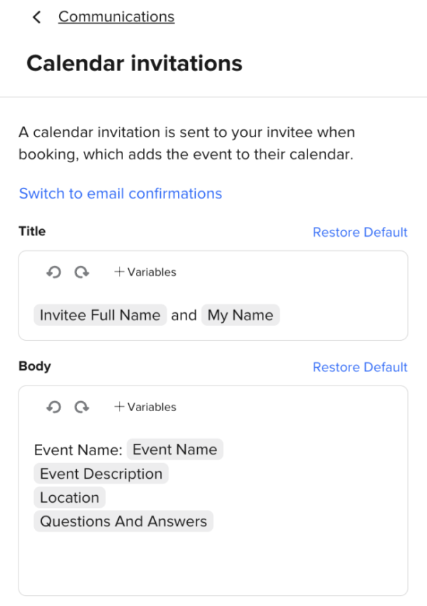 Screenshot showing how to customize an Event Type calendar invitation in the Calendly Event Type editor.