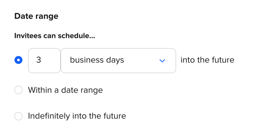 Selection screen for changing the booking date range in Calendly