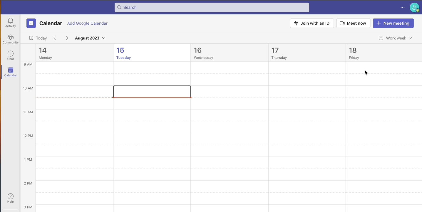 GIF showing a user creating a new meeting from their Microsoft Teams calendar, including adding a required attendee.
