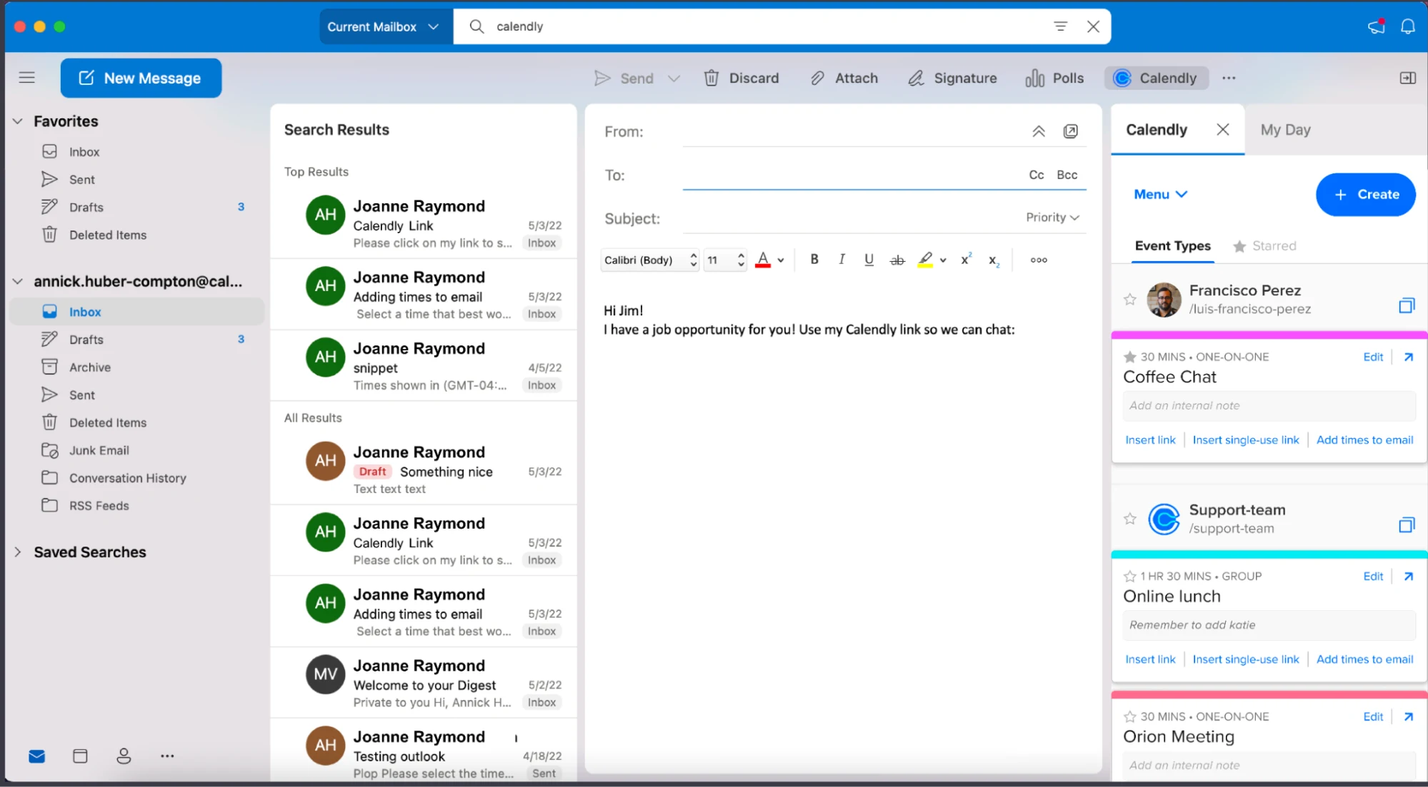 Screenshot of an Outlook inbox with the Calendly add-in panel open showing several Event Types, including the option to "Add times to email".