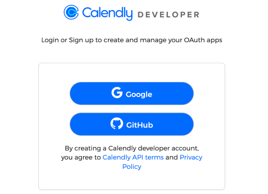 Screenshot of the Calendly Developer login screen with options to sign up with Google or GitHub.