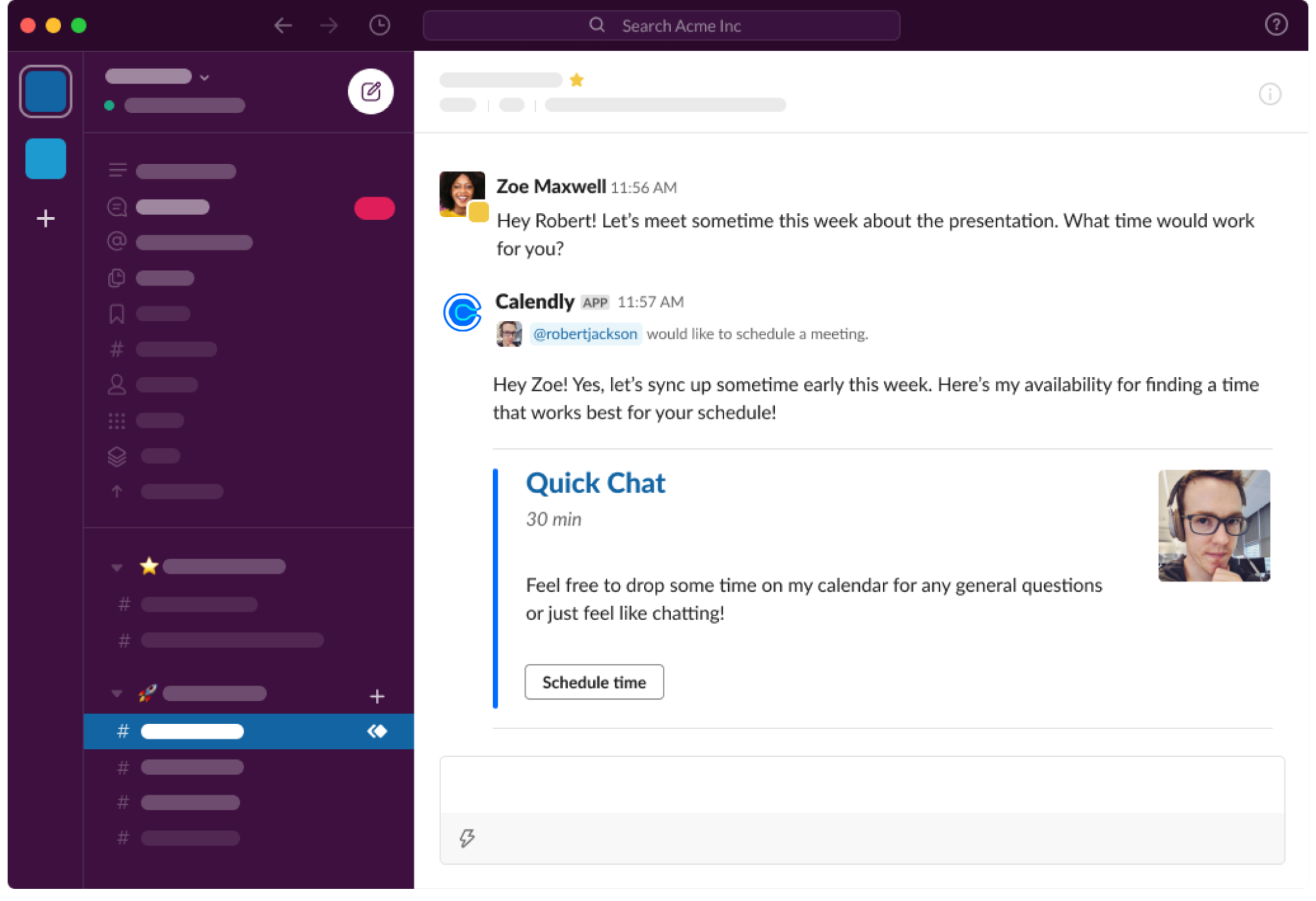 screenshot of what an invitation to book via Calendly looks like in Slack screenshot of what an invitation to book via Calendly looks like in Slack