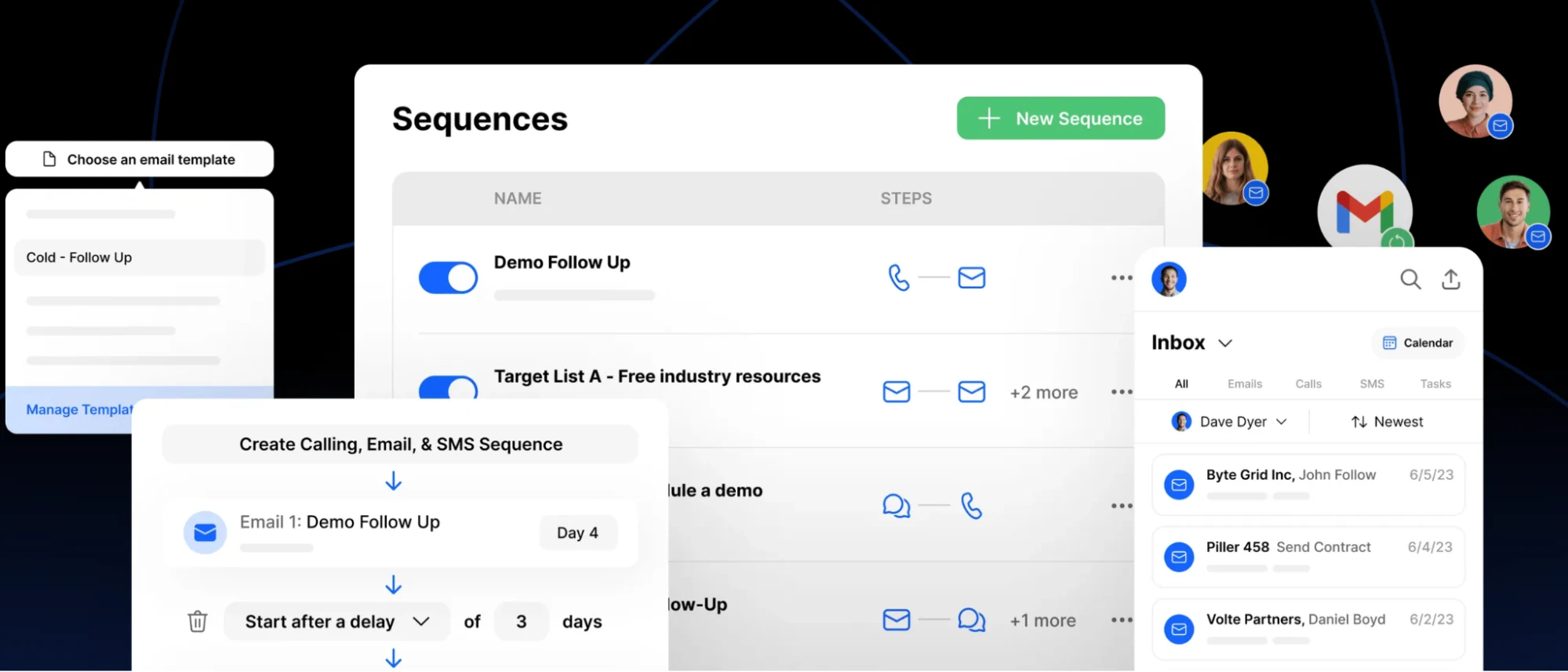 Screenshot showing how Close can automate outreach sequences across multiple channels.