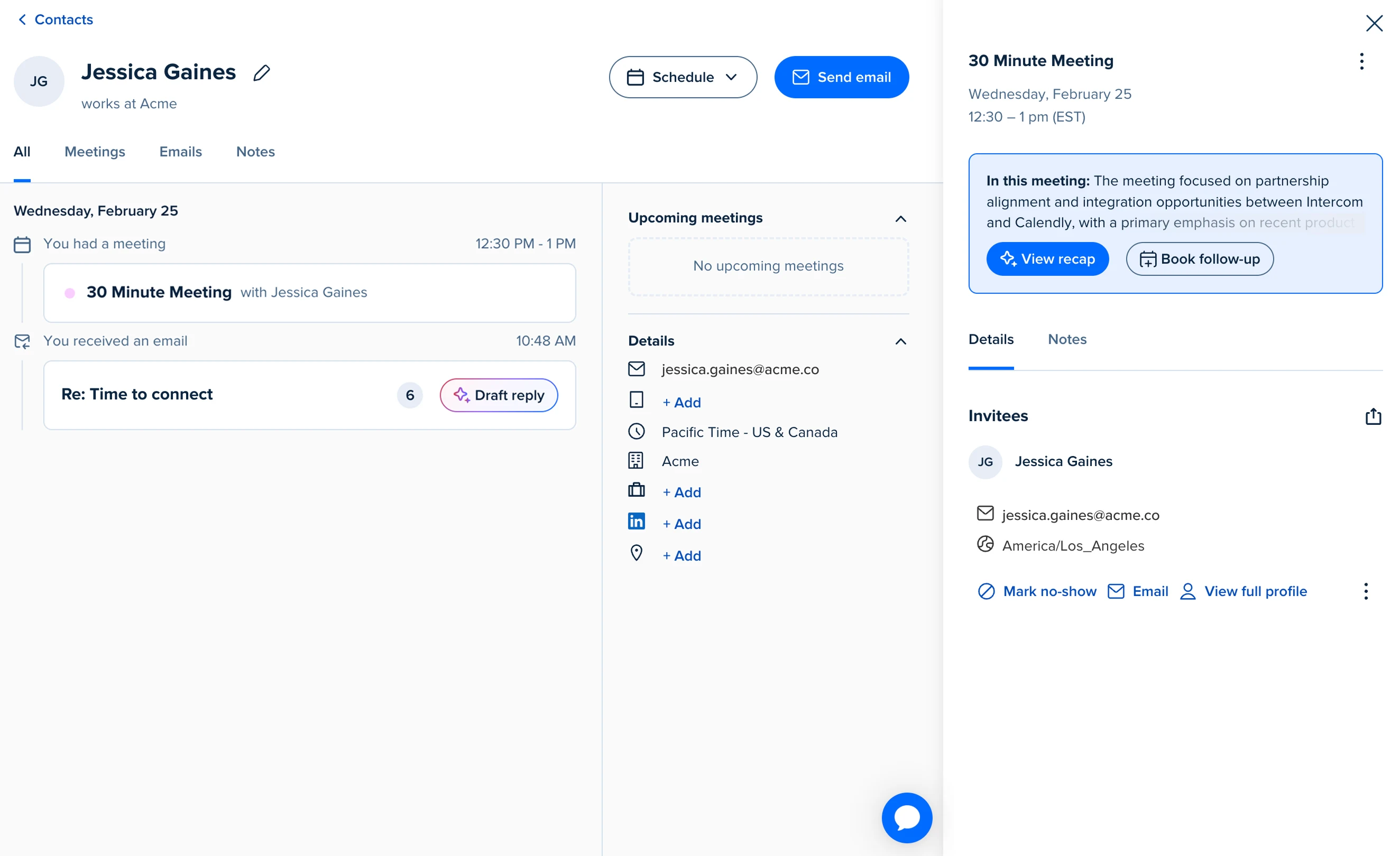 Calendly contact profile for Jessica Gaines showing a recent meeting, a related email thread, contact details, and meeting recap, plus buttons to view the recap or book a follow-up.