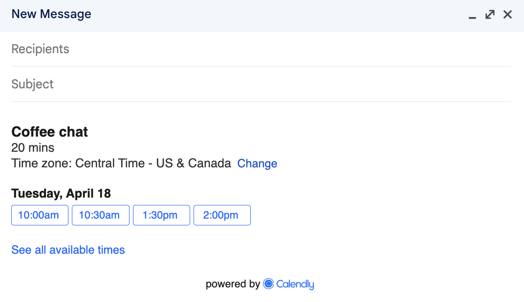 Screenshot of Gmail composer. In the body of the email it shows four available time slots for a "Coffee chat" event.