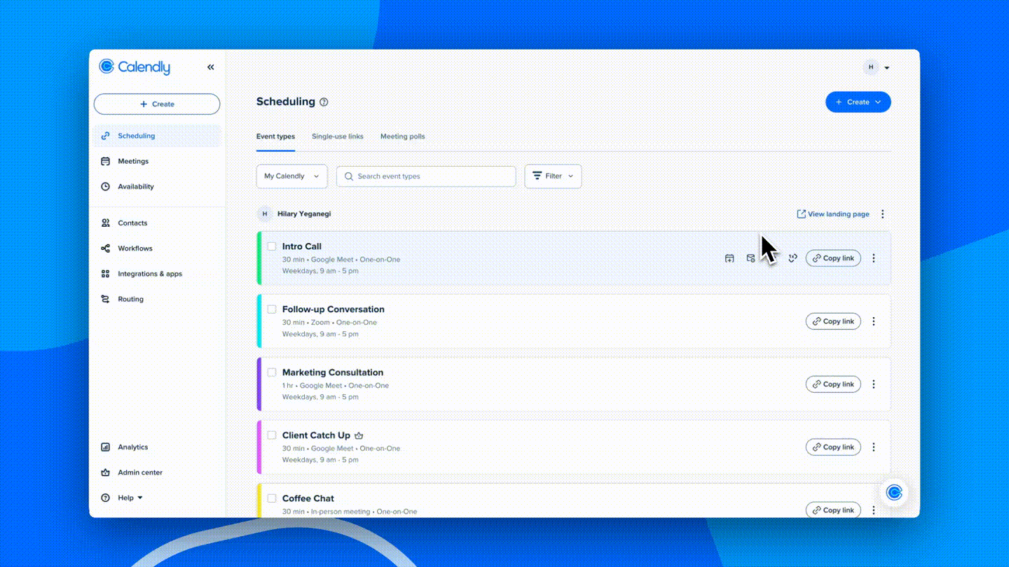 GIF showing the process of sharing availability via the email composer in Calendly. The user chooses an Event Type, adds a recipient and Bcc, edits the email copy, adds suggested times, sets up the reminder nudge, and sends the email.