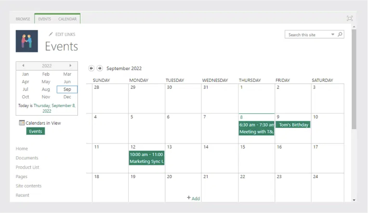 Screenshot of the monthly view of a SharePoint calendar.