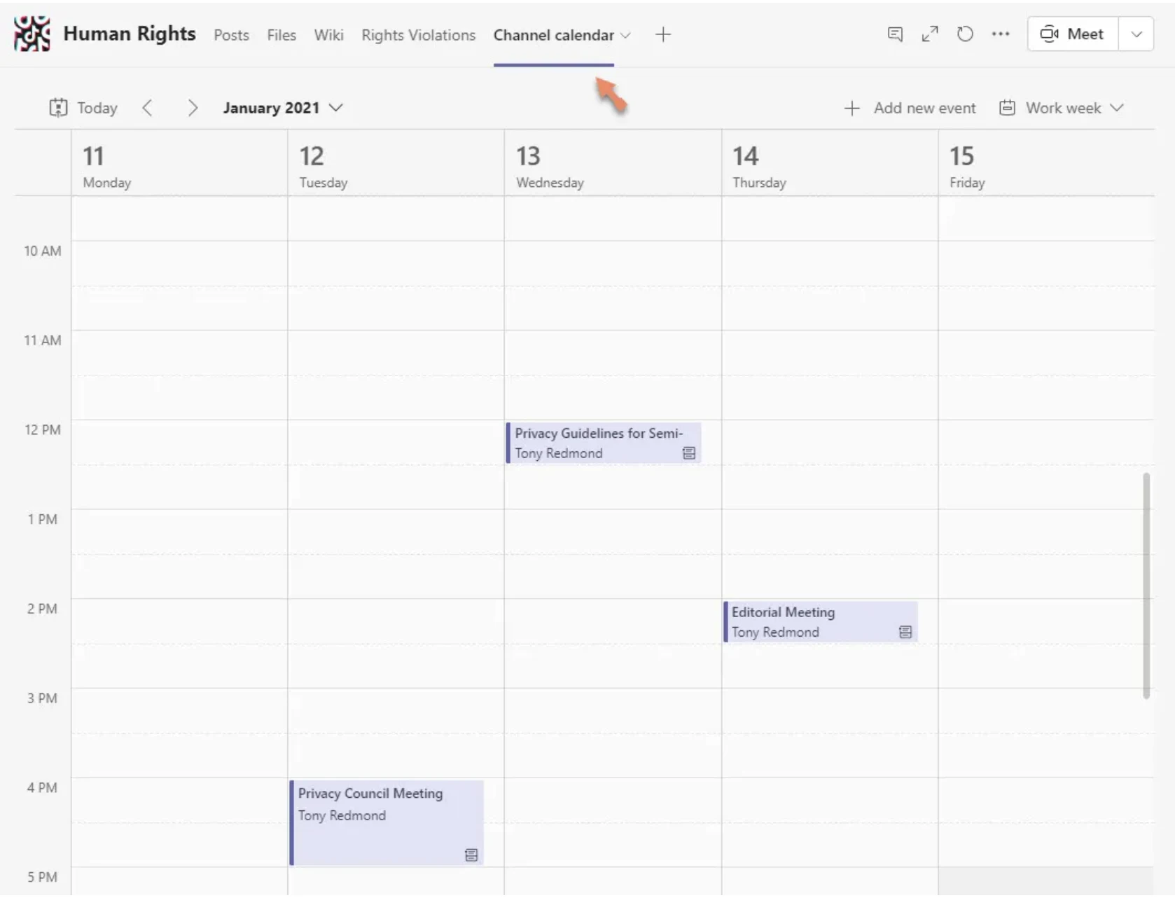 Screenshot of the weekly view of a Microsoft Teams channel calendar.