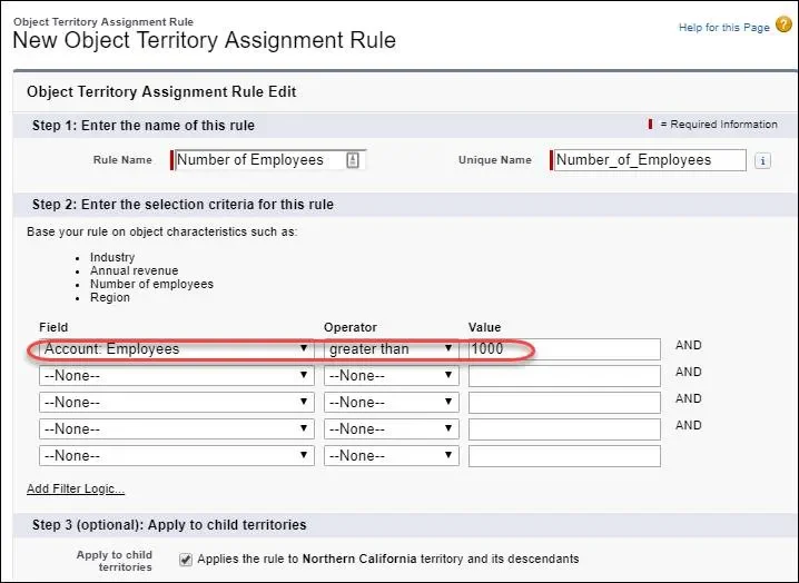 Screenshot of the New Object Territory Assignment Rule screen in Salesforce. The Account Employees field is selected, so accounts with over 1,000 employees are assigned to the territory.