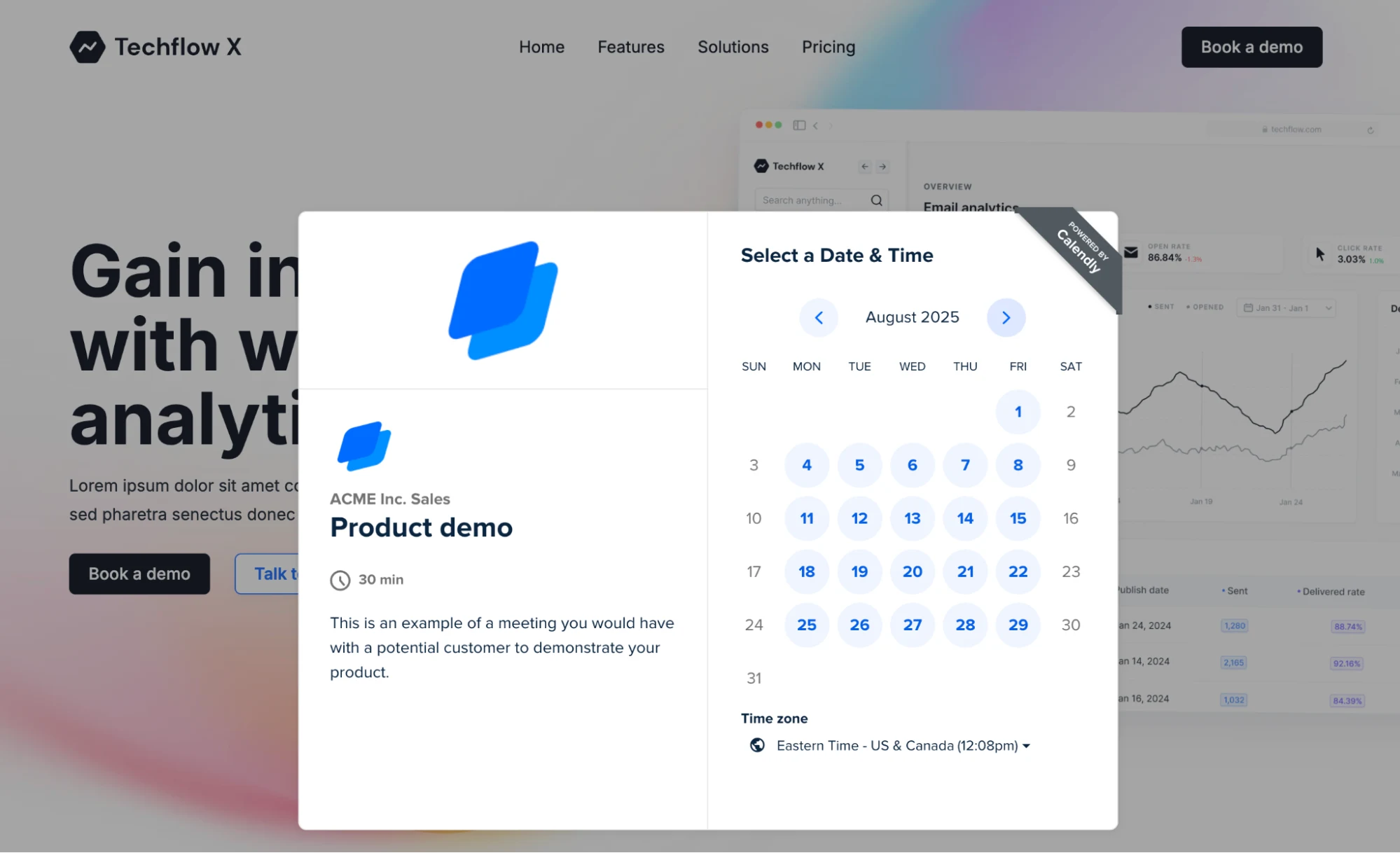 Screenshot of a Calendly booking page embed popup on a website