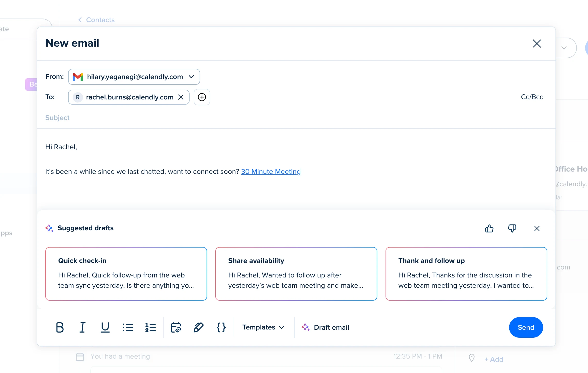 Calendly email composer opened from a contact profile, with recipient and sender fields filled in and suggested draft options like “Quick check-in,” “Share availability,” and “Thank and follow up.”
