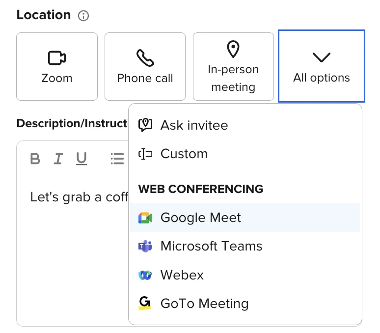Easily meet with people using Calendly's video conferencing integrations with Zoom, Microsoft Teams, and more.