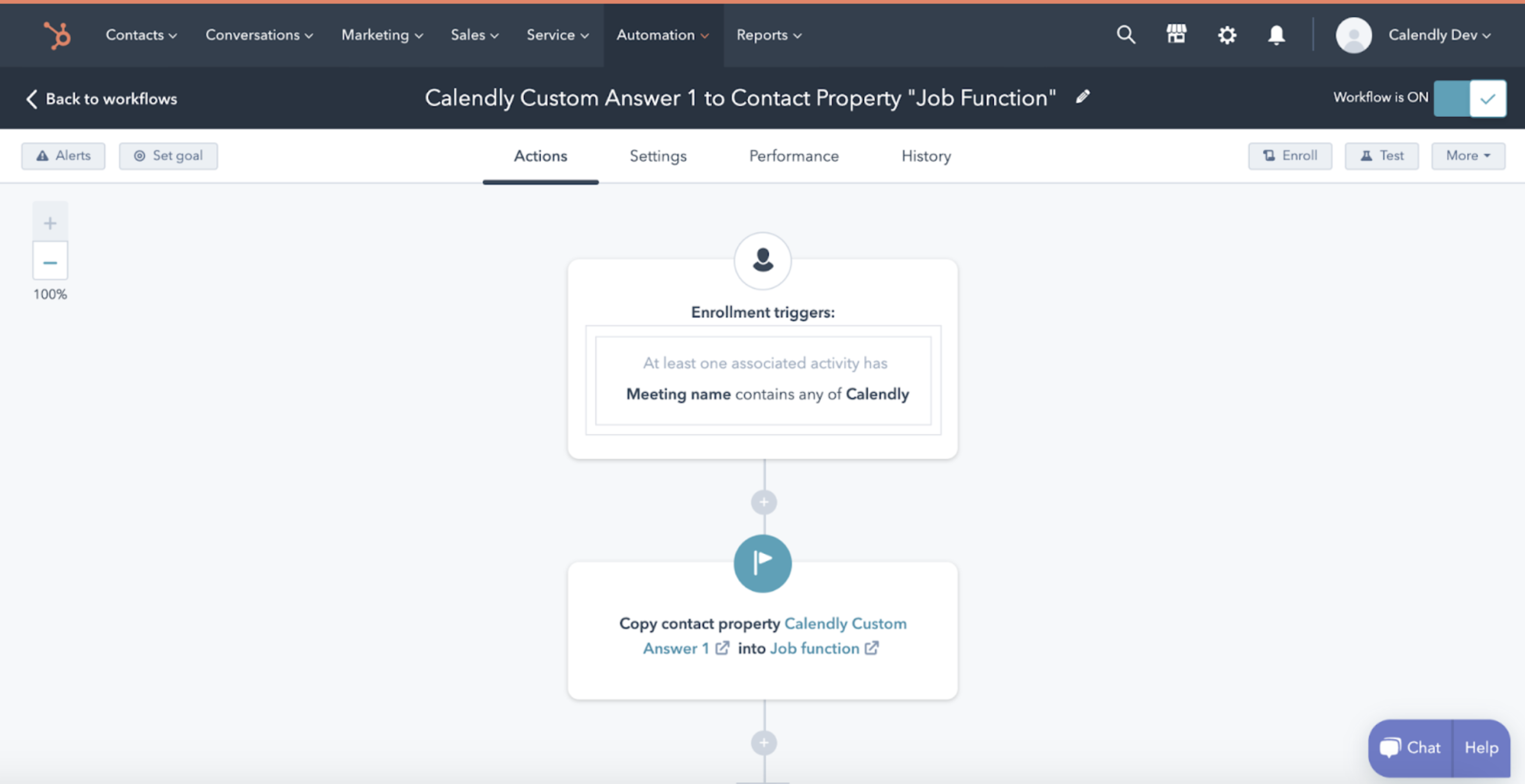 Example of a Hubspot/Calendly workflow: if a meeting name contains "Calendly," copy contact property X into Y Example of a Hubspot/Calendly workflow: if a meeting name contains "Calendly," copy contact property X into Y