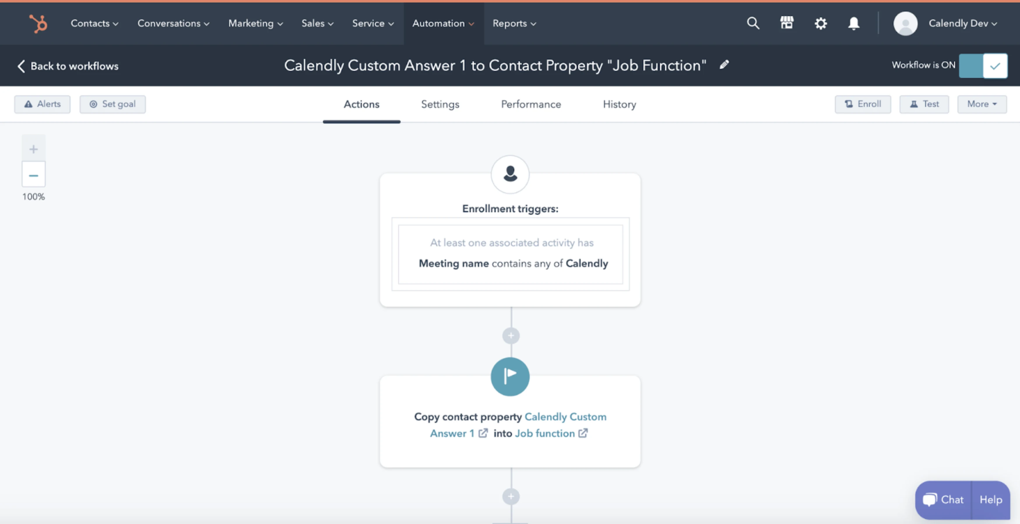 Screenshot example of a Hubspot/Calendly workflow: If a meeting name contains "Calendly," copy contact property X into Y.