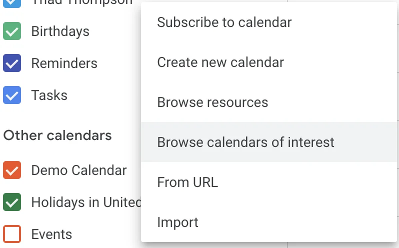 Use "Calendars of interest" to add every holiday to your calendar in one click.