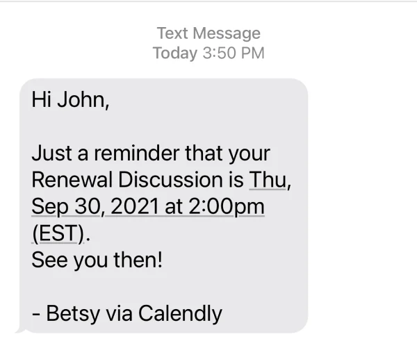 SMS mobile text reminder screenshot of a renewal meeting based on Betsy Soler interview
