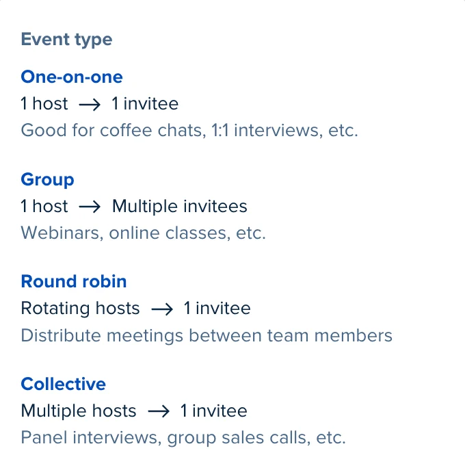 Screenshot of the "Event Type" page in Calendly showing Event Types: Group, Collective, and Round Robin.