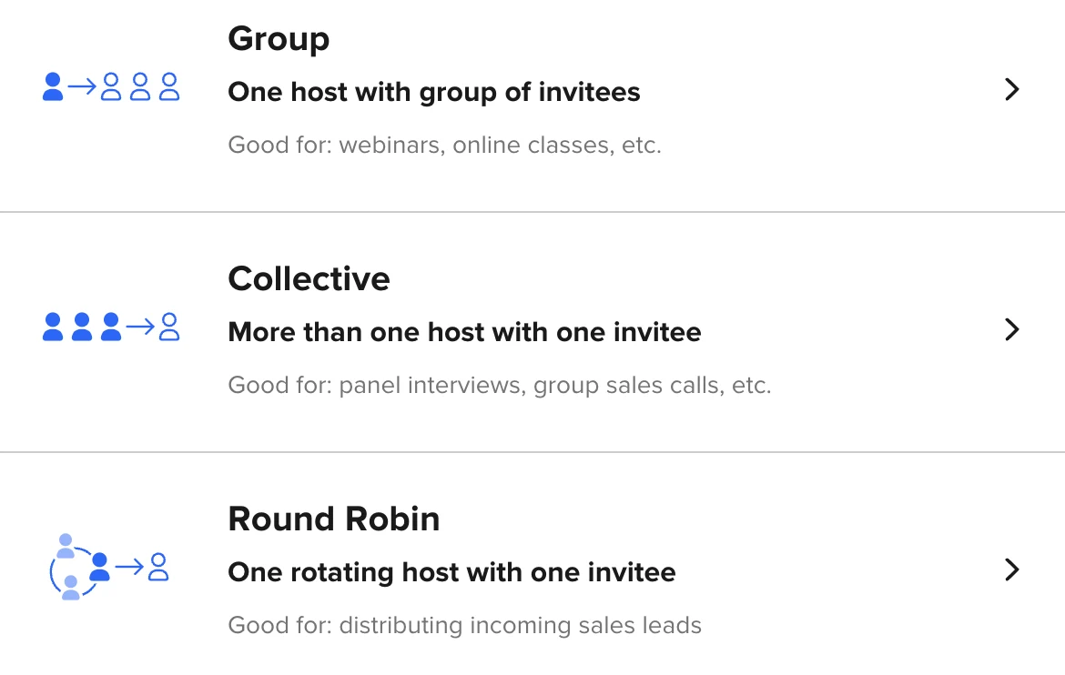 Screenshot of the "Create New Event Type" page in Calendly showing Event Types: Group, Collective, and Round Robin.